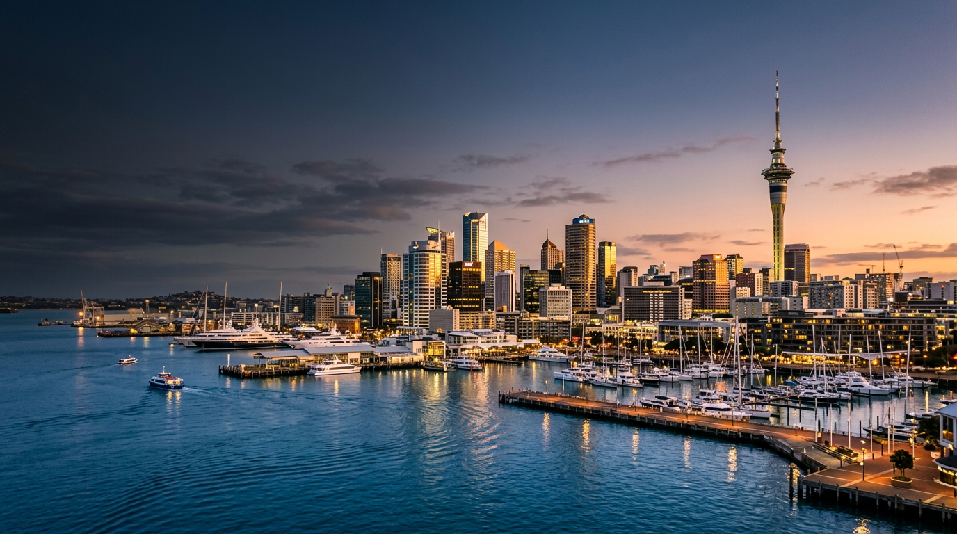 Auckland waterfront and Sky Tower at sunset